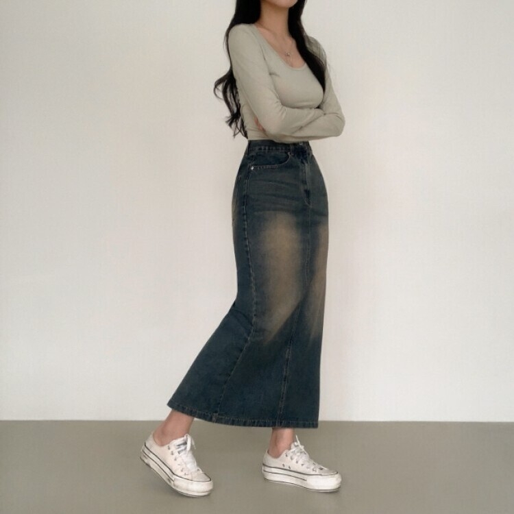 ブラシウォッシングバンディングジーンズスカート BLUE