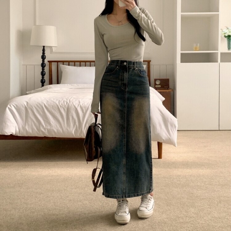 ブラシウォッシングバンディングジーンズスカート BLUE