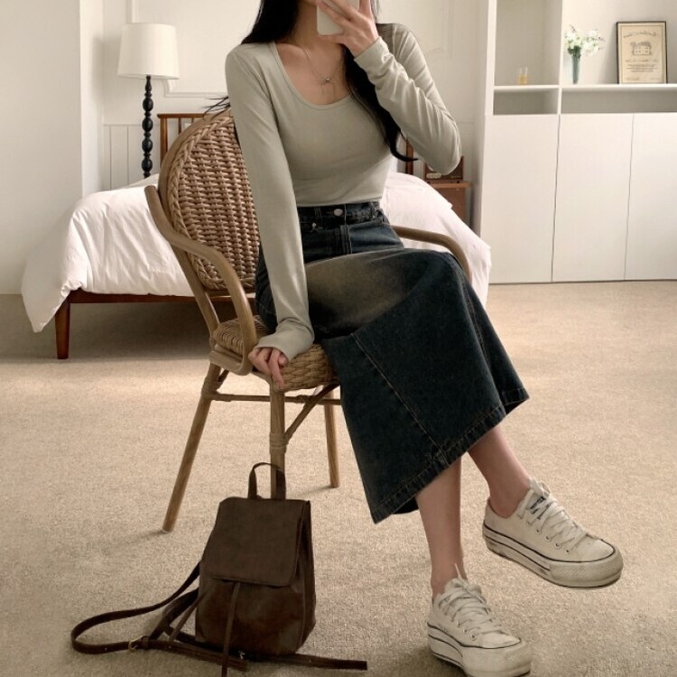 ブラシウォッシングバンディングジーンズスカート BLUE