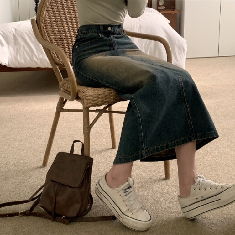 ブラシウォッシングバンディングジーンズスカート BLUE