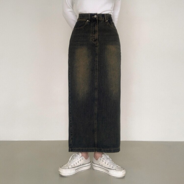 ブラシウォッシングバンディングジーンズスカート BLACK