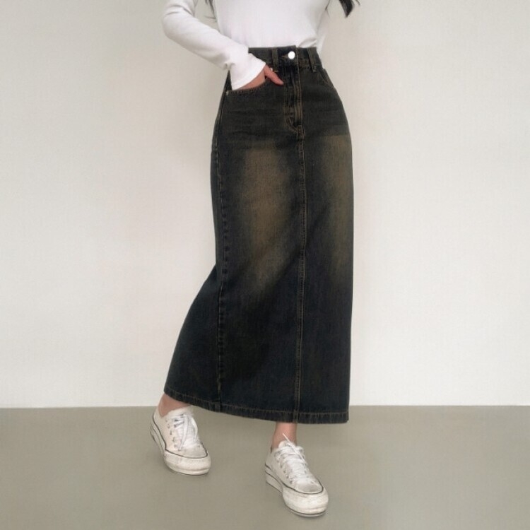 ブラシウォッシングバンディングジーンズスカート BLACK