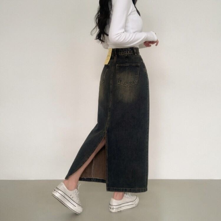 ブラシウォッシングバンディングジーンズスカート BLACK