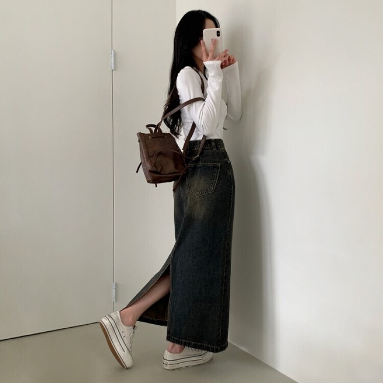 ブラシウォッシングバンディングジーンズスカート BLACK