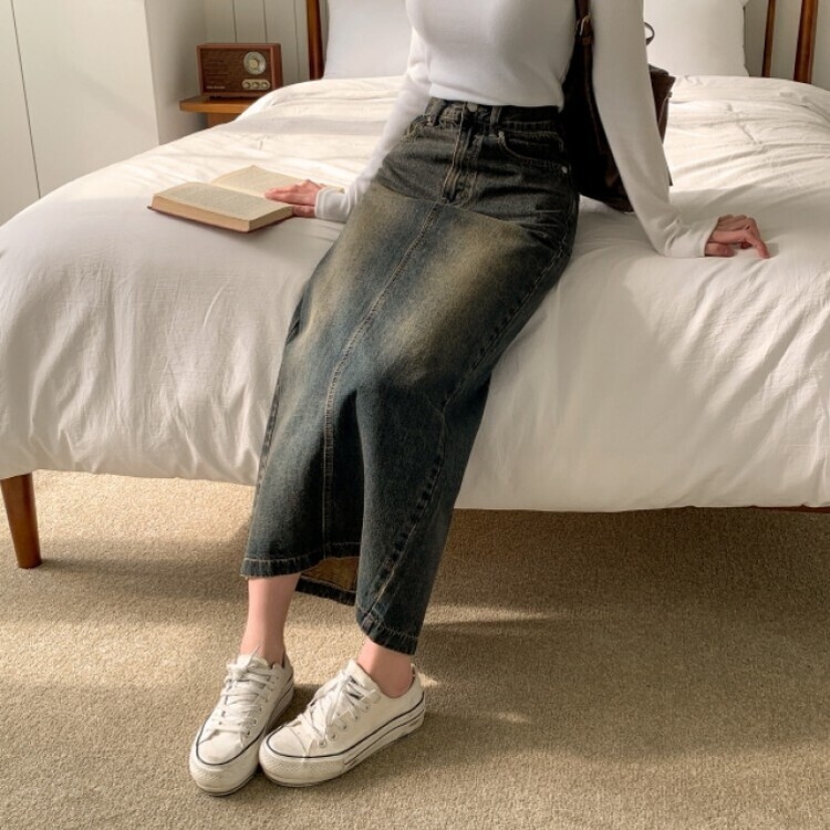 ブラシウォッシングバンディングジーンズスカート BLACK