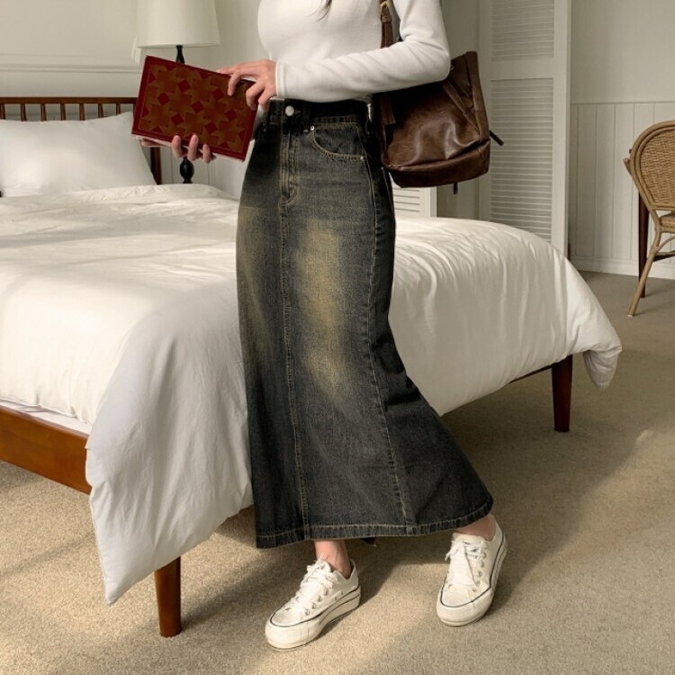 ブラシウォッシングバンディングジーンズスカート BLACK