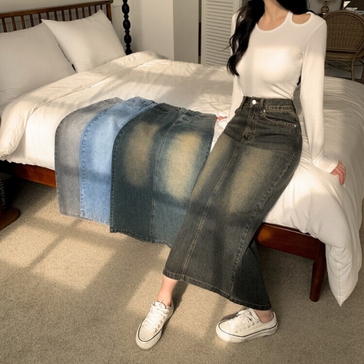 ブラシウォッシングバンディングジーンズスカート BLACK