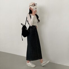 ノンフェードベーシックデニムスカート BLACK