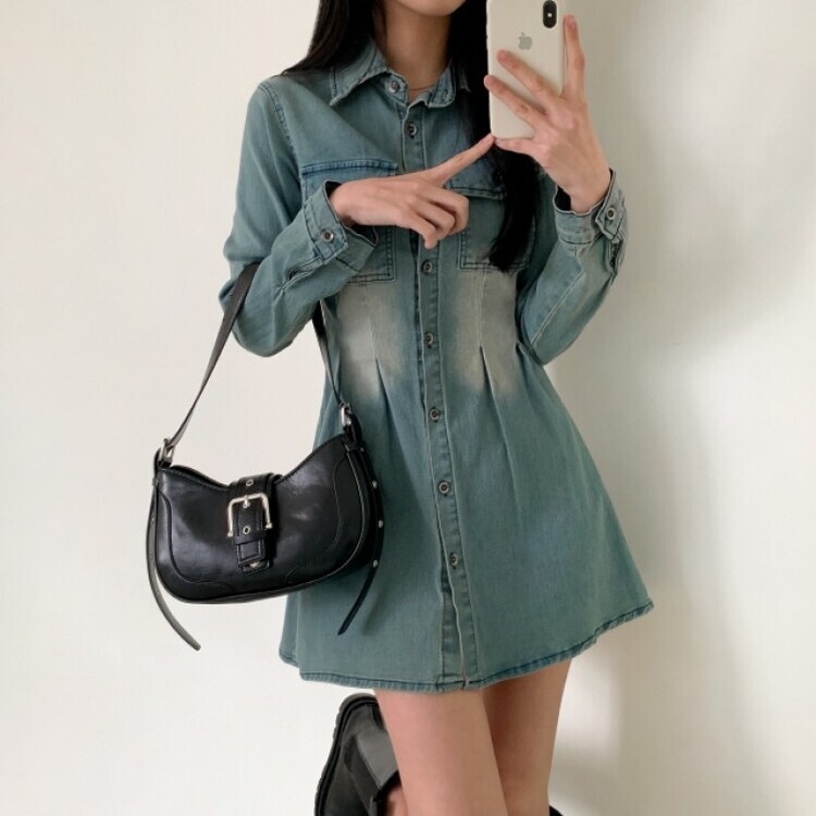 ウォッシングポケットデニムミニワンピース DARK BLUE