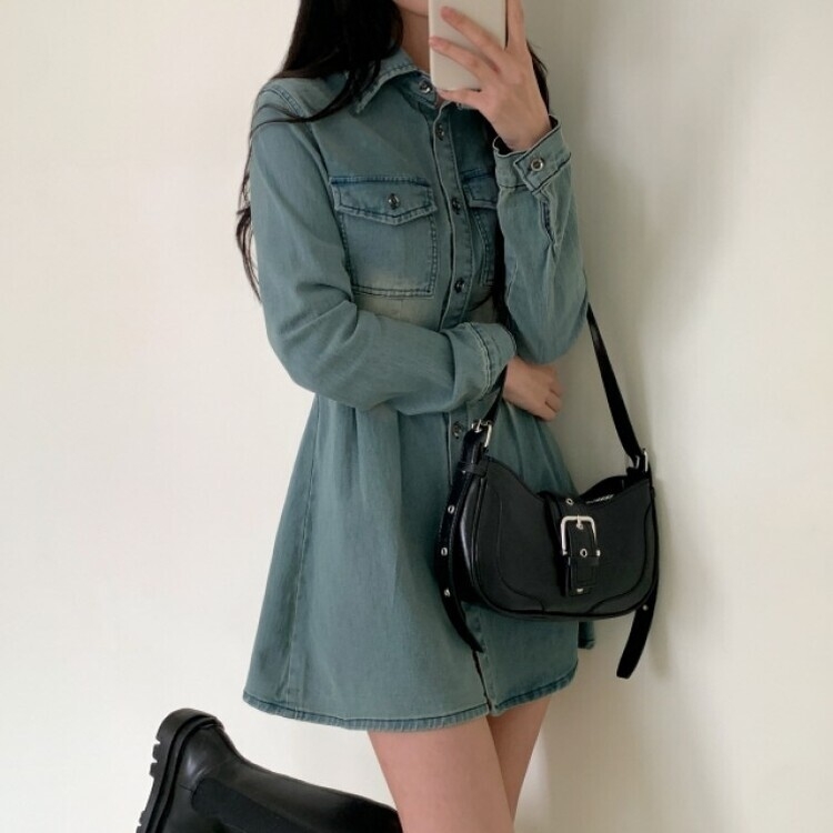 ウォッシングポケットデニムミニワンピース DARK BLUE