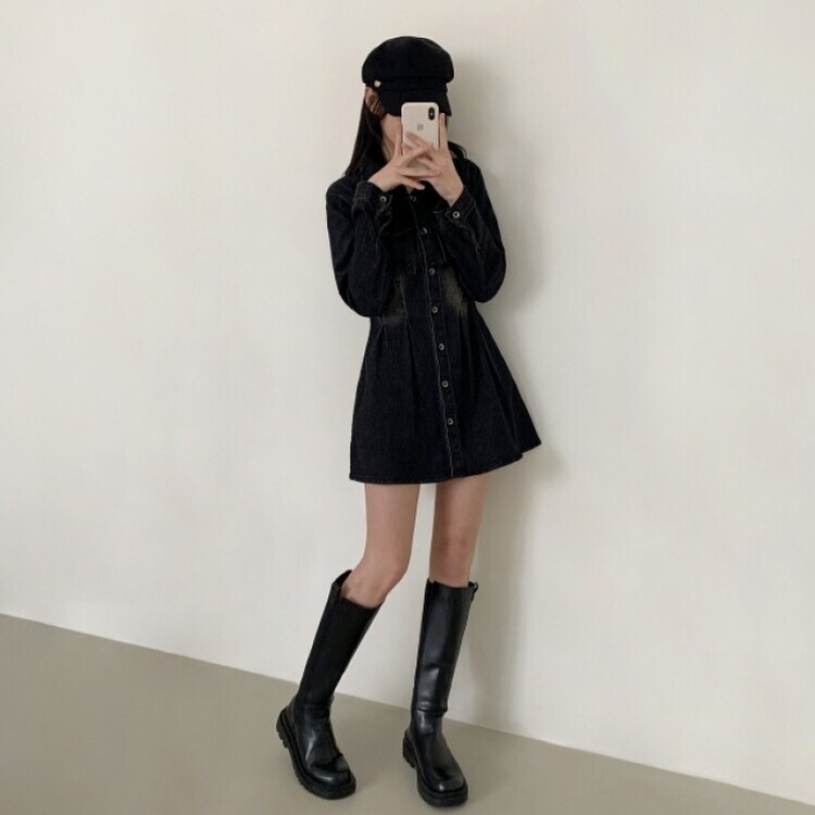 ウォッシングポケットデニムミニワンピース BLACK