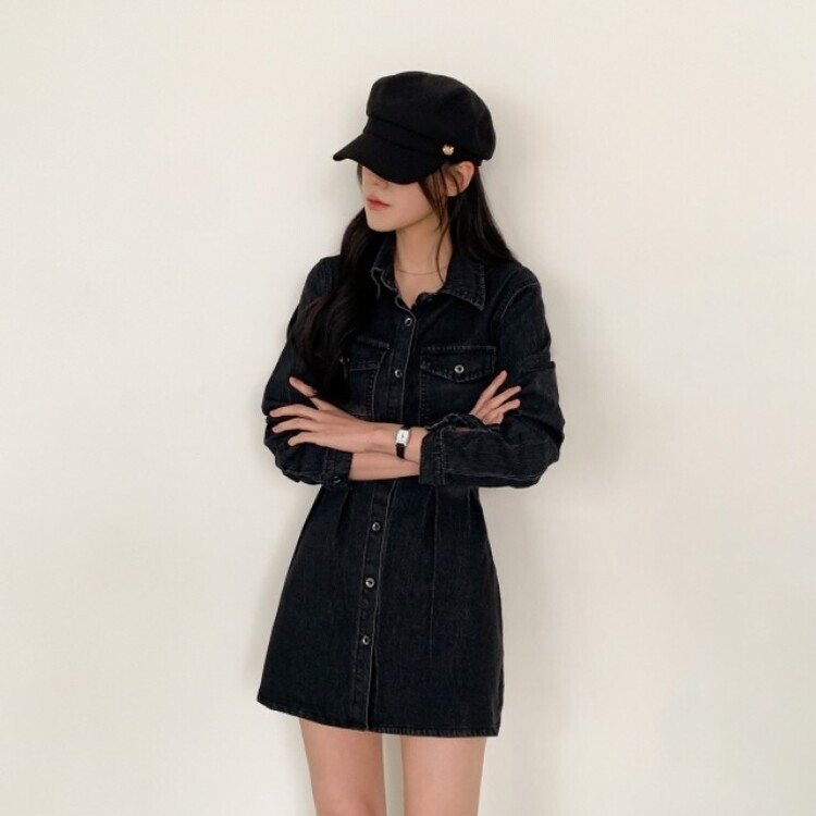 ウォッシングポケットデニムミニワンピース BLACK