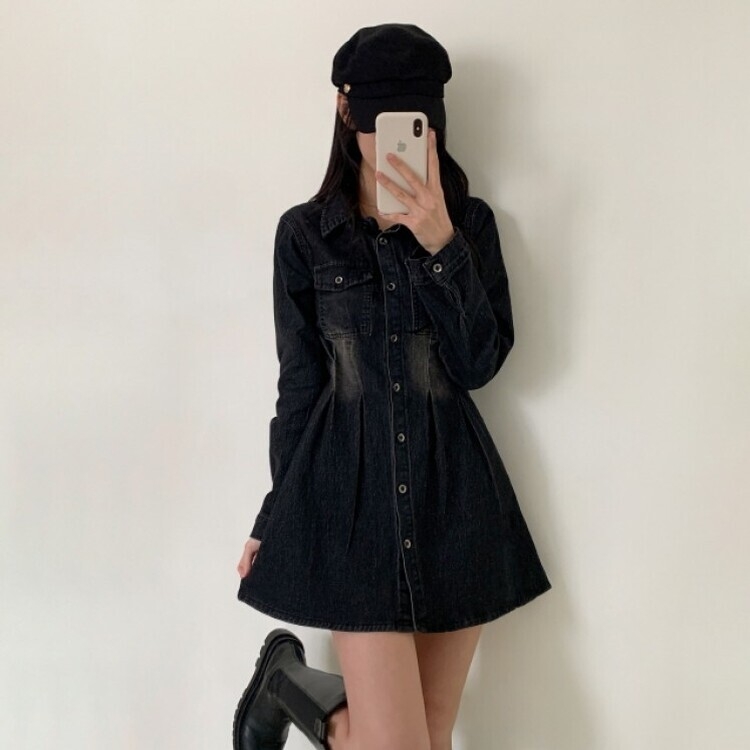 ウォッシングポケットデニムミニワンピース BLACK