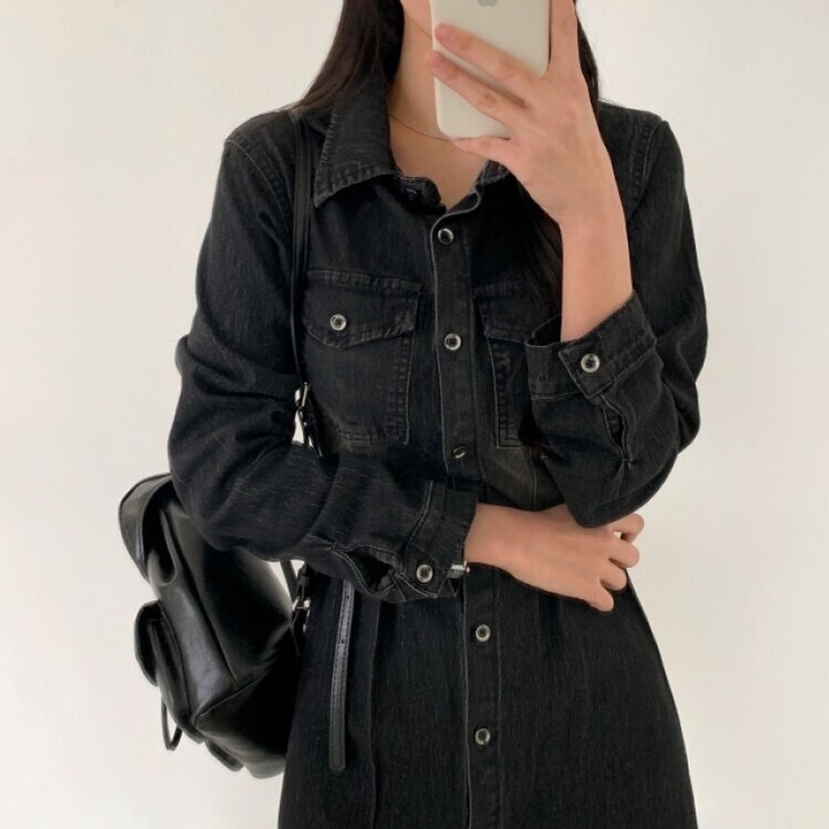 ウォッシングポケットデニムミニワンピース BLACK