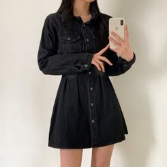 ウォッシングポケットデニムミニワンピース BLACK