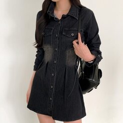 ウォッシングポケットデニムミニワンピース BLACK