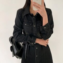 ウォッシングポケットデニムミニワンピース BLACK