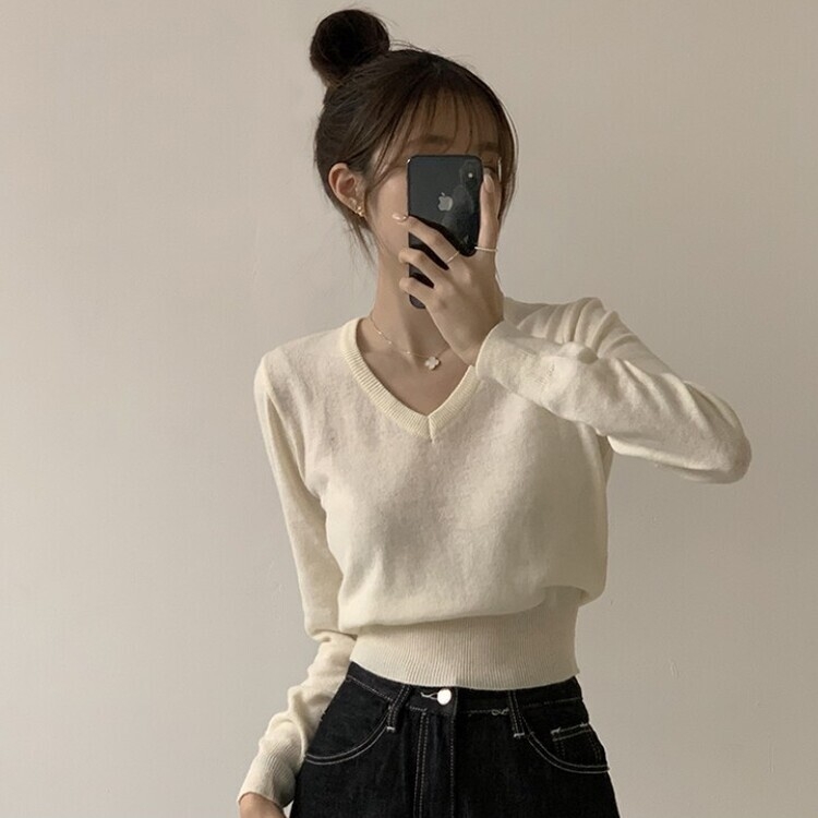 너리싱 브이넥 봄옷 하객룩 긴팔 허리잘록 크롭 니트 12color