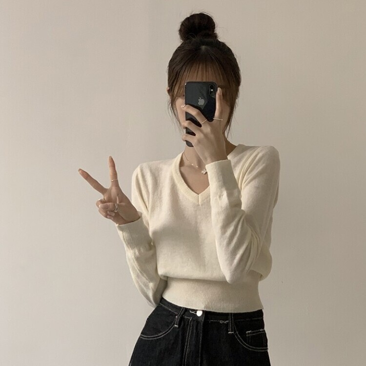 너리싱 브이넥 봄옷 하객룩 긴팔 허리잘록 크롭 니트 12color