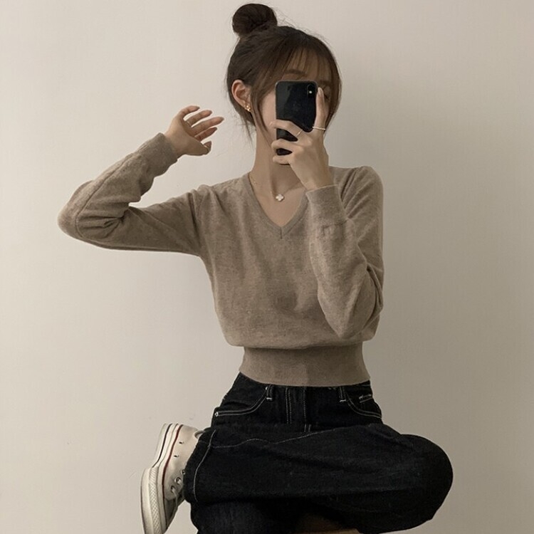 너리싱 브이넥 봄옷 하객룩 긴팔 허리잘록 크롭 니트 12color