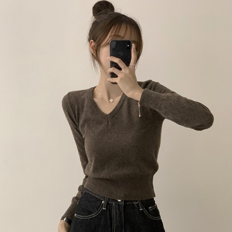 너리싱 브이넥 봄옷 하객룩 긴팔 허리잘록 크롭 니트 12color