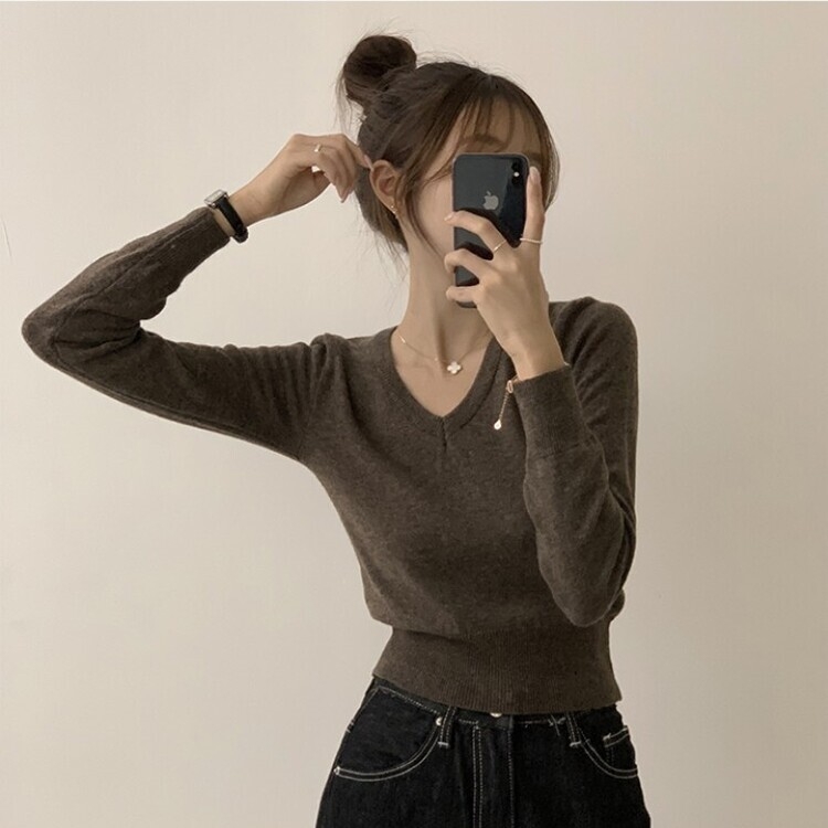 너리싱 브이넥 봄옷 하객룩 긴팔 허리잘록 크롭 니트 12color