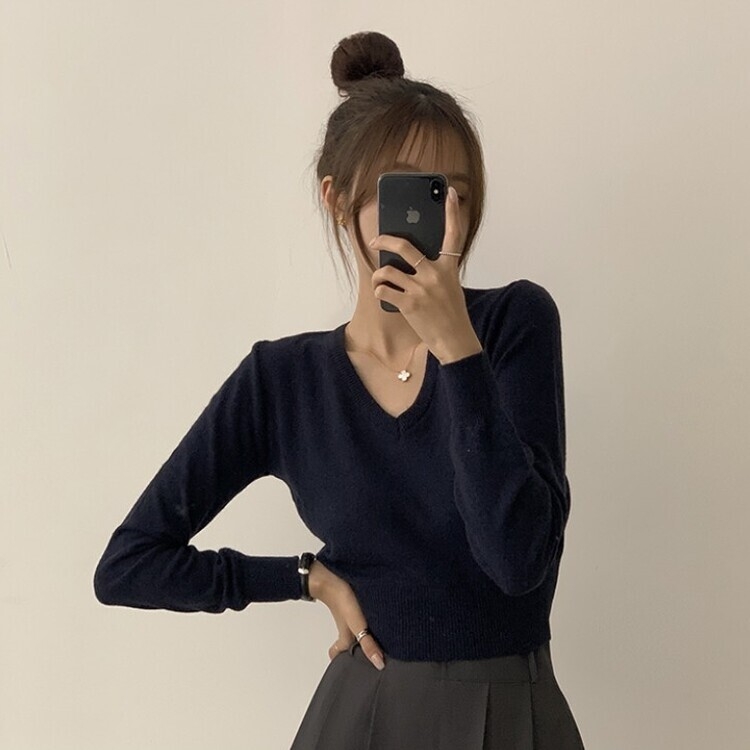 너리싱 브이넥 봄옷 하객룩 긴팔 허리잘록 크롭 니트 12color