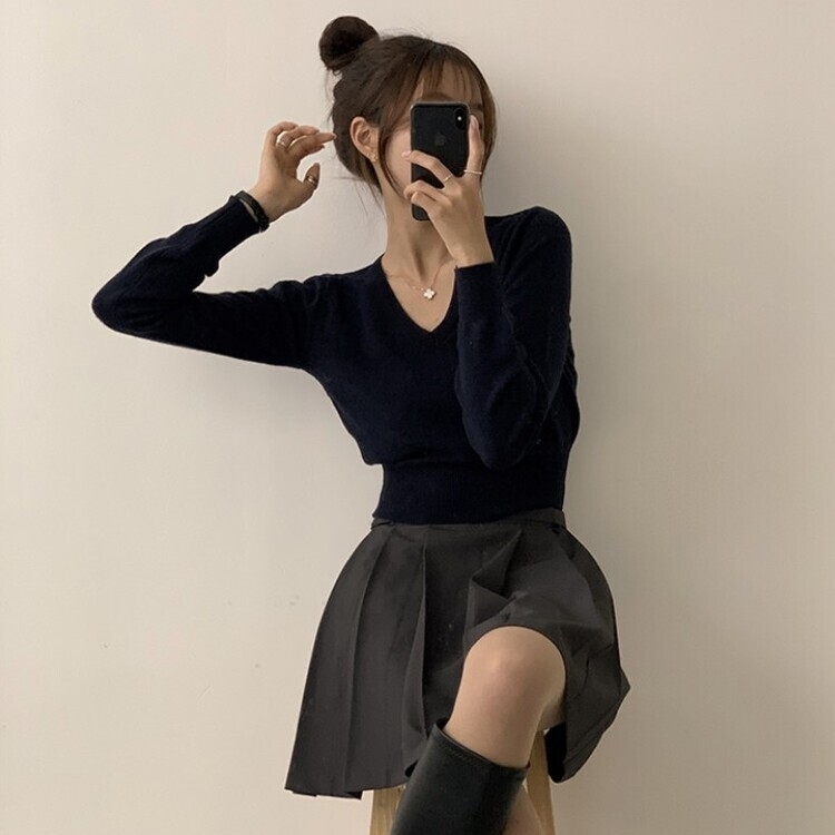 너리싱 브이넥 봄옷 하객룩 긴팔 허리잘록 크롭 니트 12color