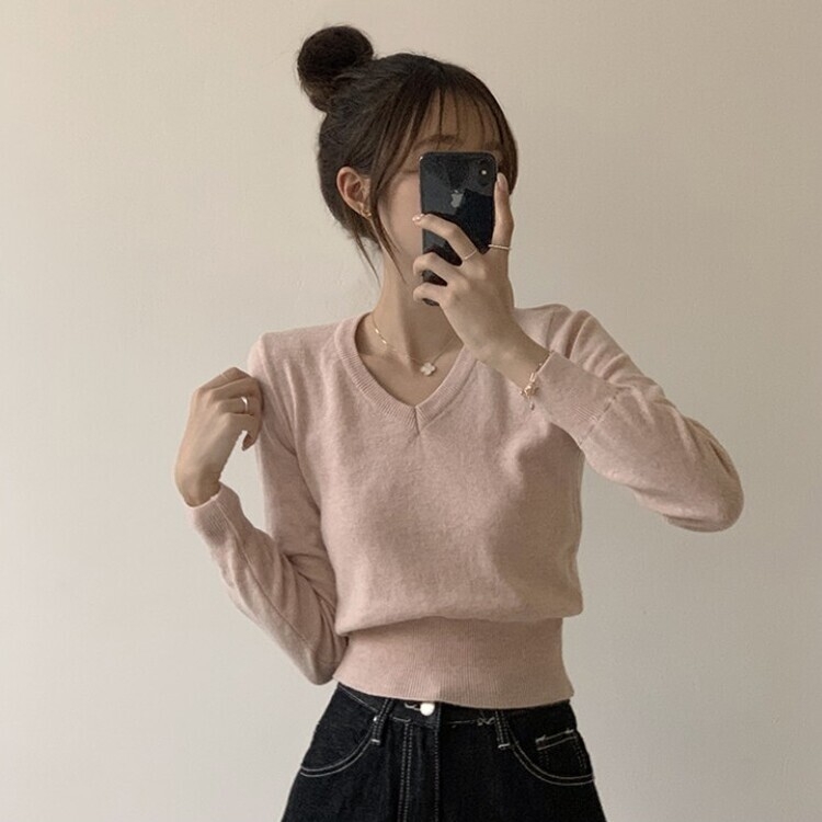 너리싱 브이넥 봄옷 하객룩 긴팔 허리잘록 크롭 니트 12color