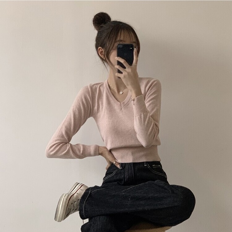 너리싱 브이넥 봄옷 하객룩 긴팔 허리잘록 크롭 니트 12color