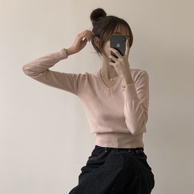 너리싱 브이넥 봄옷 하객룩 긴팔 허리잘록 크롭 니트 12color