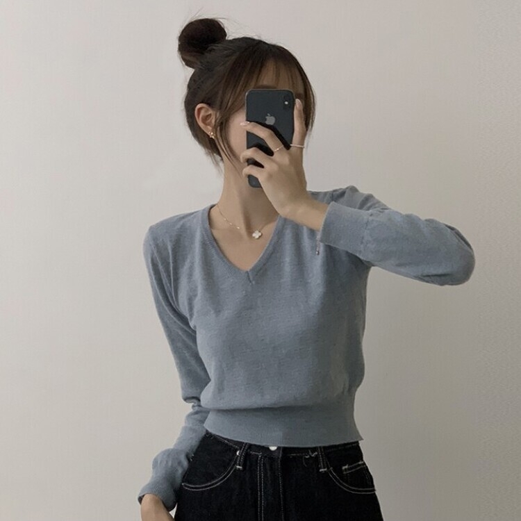 너리싱 브이넥 봄옷 하객룩 긴팔 허리잘록 크롭 니트 12color