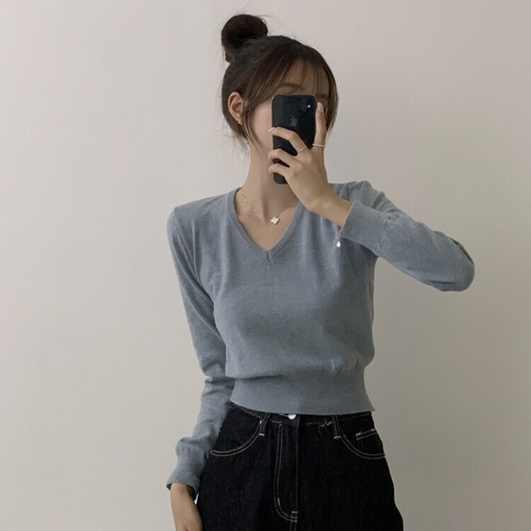 너리싱 브이넥 봄옷 하객룩 긴팔 허리잘록 크롭 니트 12color