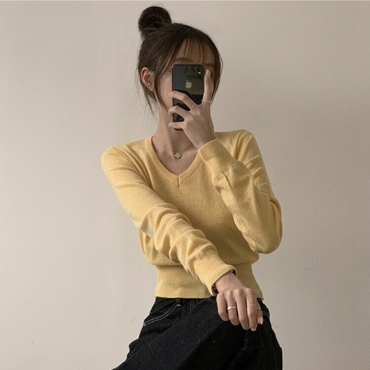 너리싱 브이넥 봄옷 하객룩 긴팔 허리잘록 크롭 니트 12color