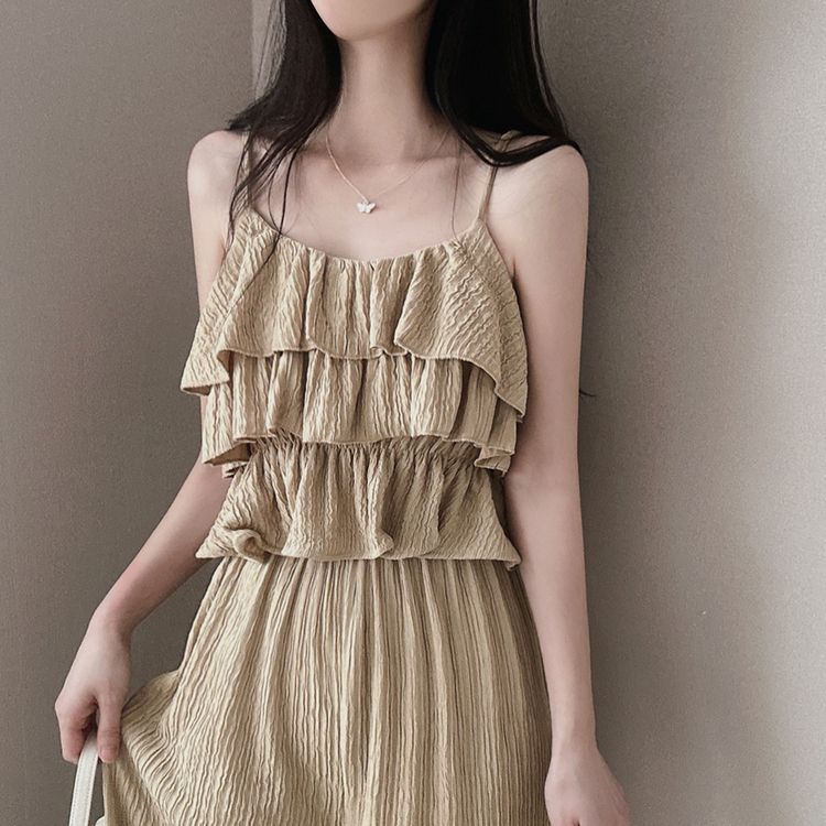 【SET】ティアードキャミソール＋プリーツワイドパンツ KHAKI