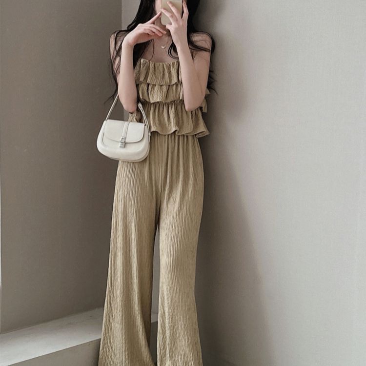 【SET】ティアードキャミソール＋プリーツワイドパンツ KHAKI