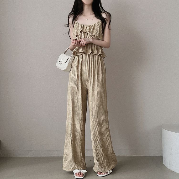 【SET】ティアードキャミソール＋プリーツワイドパンツ KHAKI