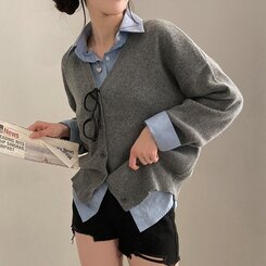 여리만능 브이넥 오버핏 베이직 긴팔 니트 가디건 그레이