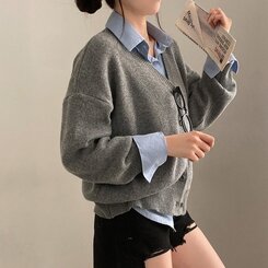여리만능 브이넥 오버핏 베이직 긴팔 니트 가디건 그레이