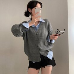 여리만능 브이넥 오버핏 베이직 긴팔 니트 가디건 그레이