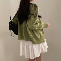 여리만능 브이넥 오버핏 베이직 긴팔 니트 가디건 그린빈