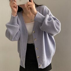 여리만능 브이넥 오버핏 베이직 긴팔 니트 가디건 아이스버그