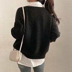 여리만능 브이넥 오버핏 베이직 긴팔 니트 가디건 블랙