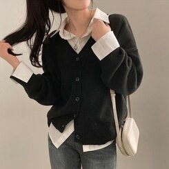 여리만능 브이넥 오버핏 베이직 긴팔 니트 가디건 블랙