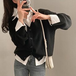 여리만능 브이넥 오버핏 베이직 긴팔 니트 가디건 블랙