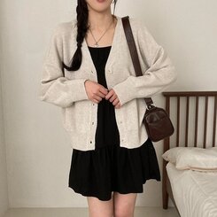 여리만능 브이넥 오버핏 베이직 긴팔 니트 가디건 오트그레이