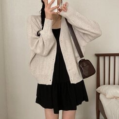 여리만능 브이넥 오버핏 베이직 긴팔 니트 가디건 오트그레이