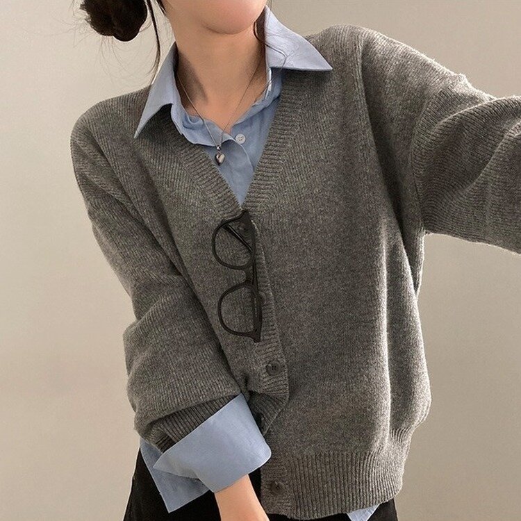 여리만능 브이넥 오버핏 베이직 긴팔 니트 가디건 그레이