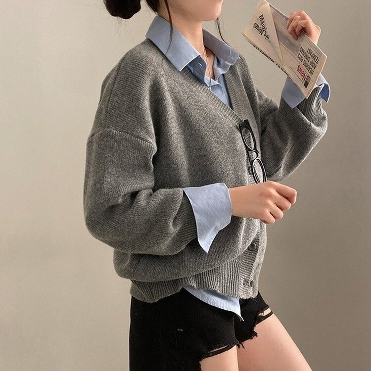 여리만능 브이넥 오버핏 베이직 긴팔 니트 가디건 그레이