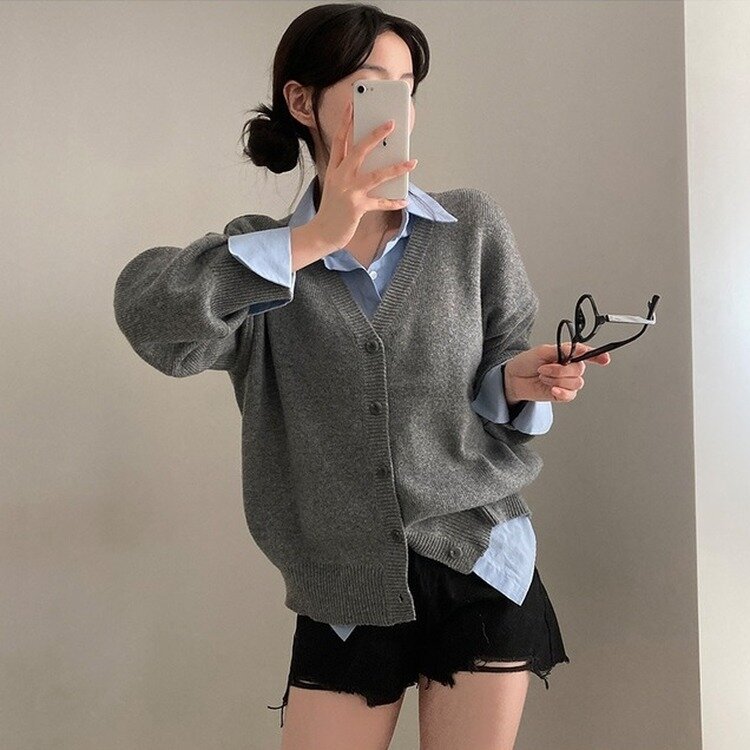 여리만능 브이넥 오버핏 베이직 긴팔 니트 가디건 그레이